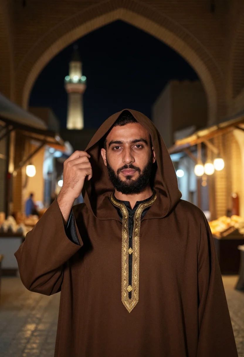 AI harun al rashid sample — portrait of a man, chest-up portrait of an Arab man in his e