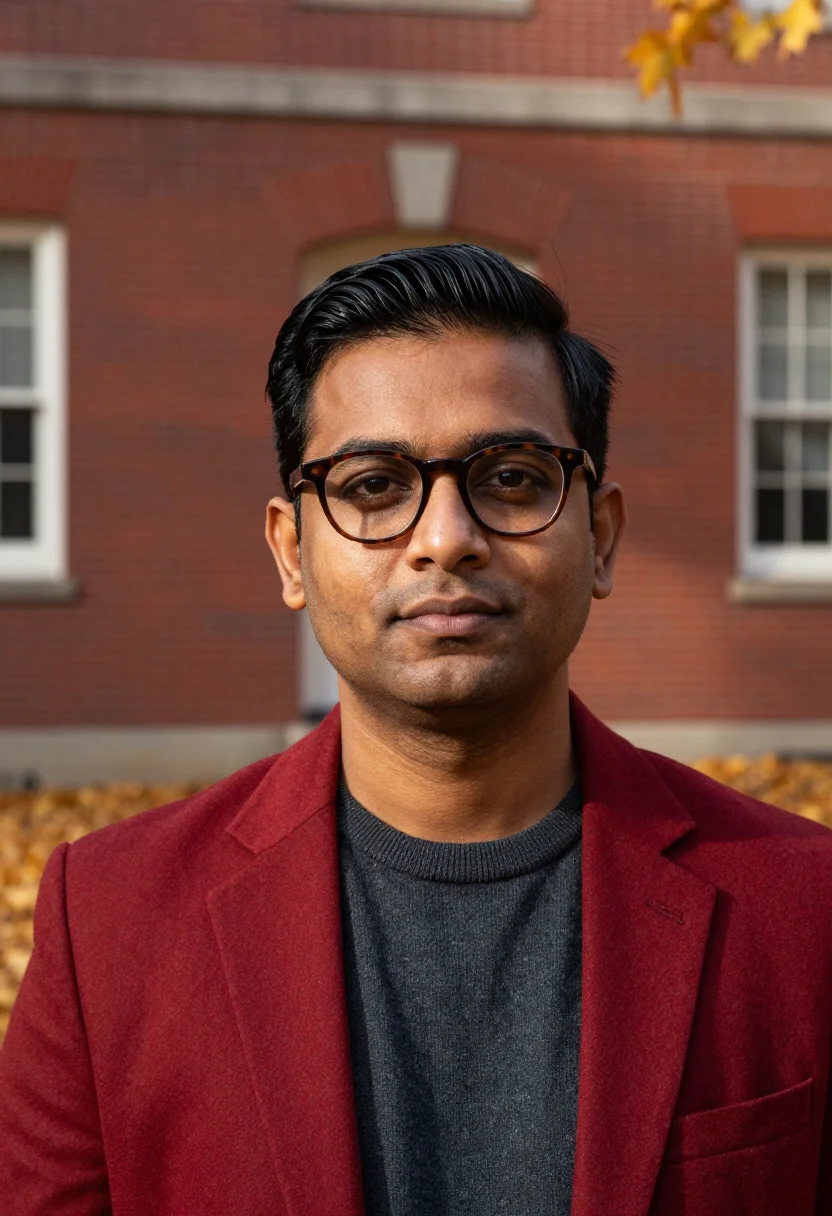 AI harvard yard lecturer crimson sample — portrait of a man, close headshot of a South-Asian man in hi