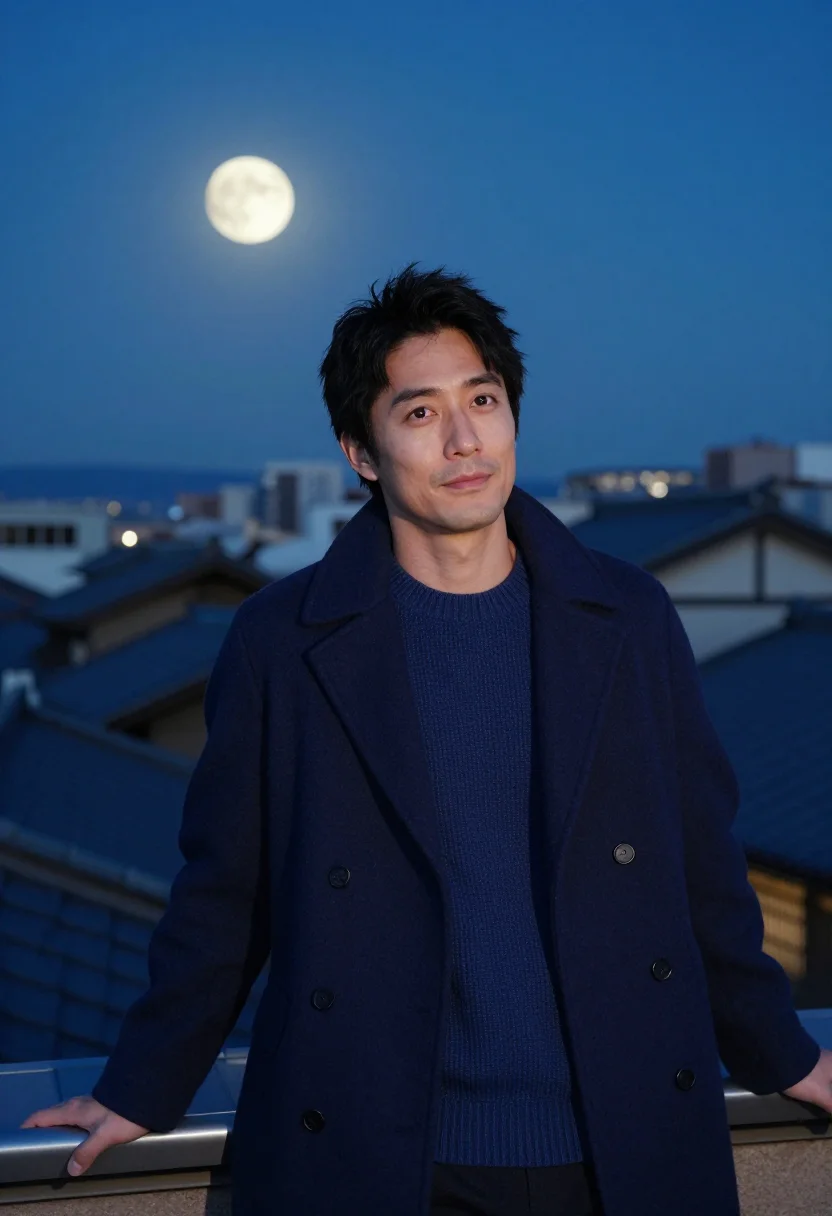 AI harvest moon rooftop indigo sample — portrait of a man, chest-up portrait of a Japanese man in hi