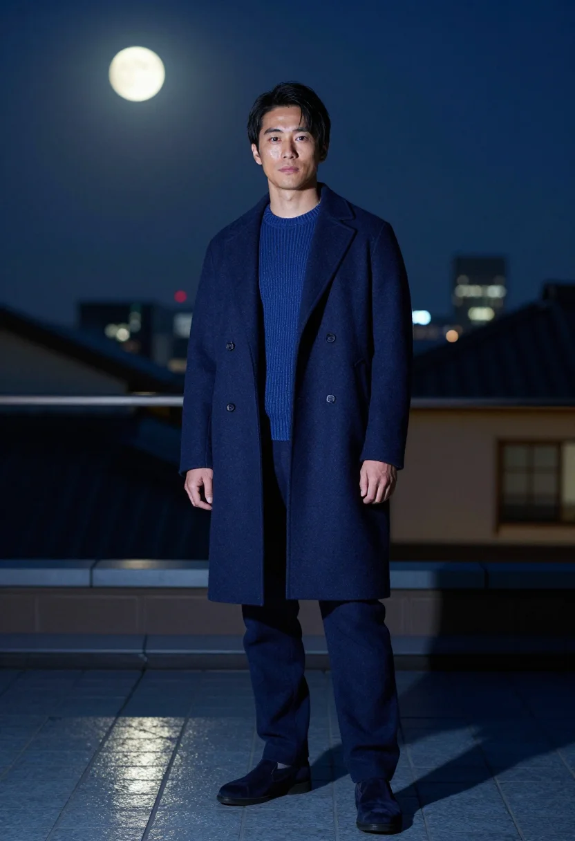 AI harvest moon rooftop indigo sample — portrait of a man, chest-up portrait of a Japanese man in hi
