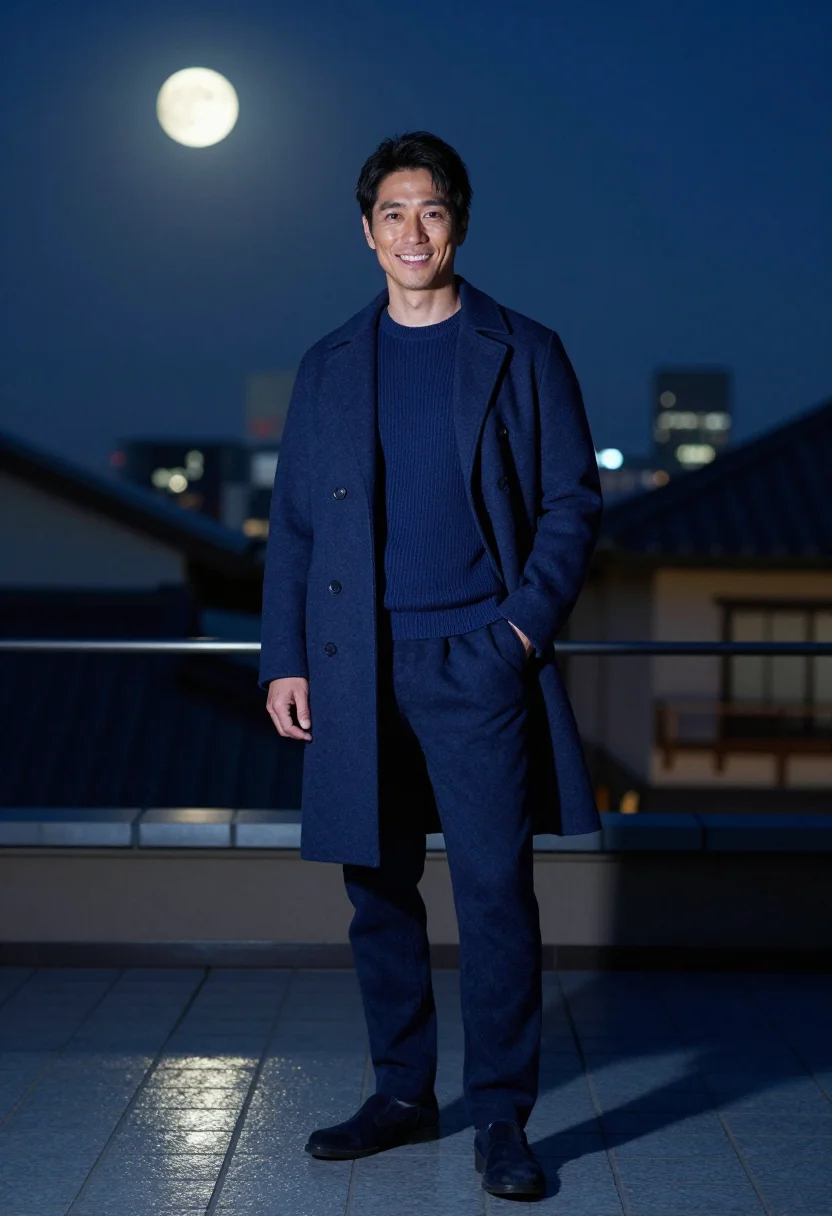 AI harvest moon rooftop indigo sample — portrait of a man, three-quarter-length portrait of a Japane