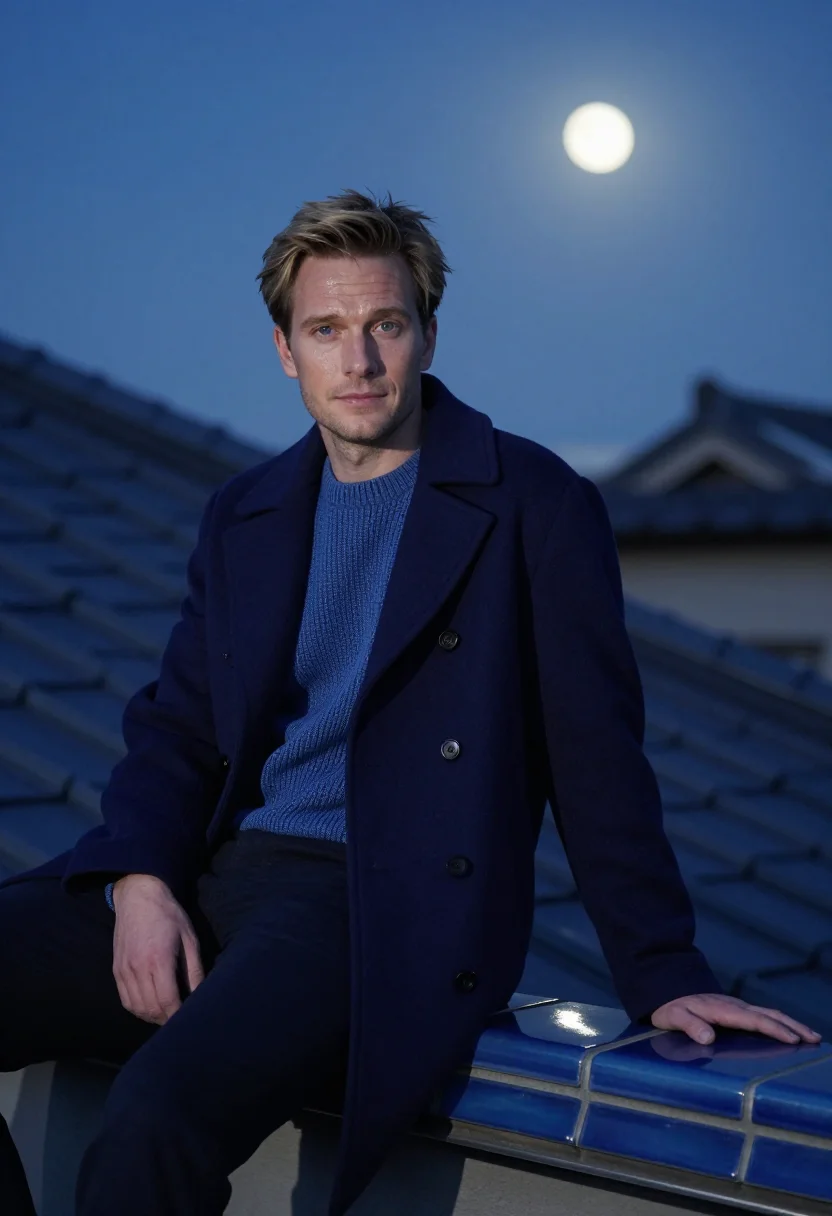 AI harvest moon rooftop indigo sample — portrait of a man, half-length portrait of a Western-Europea