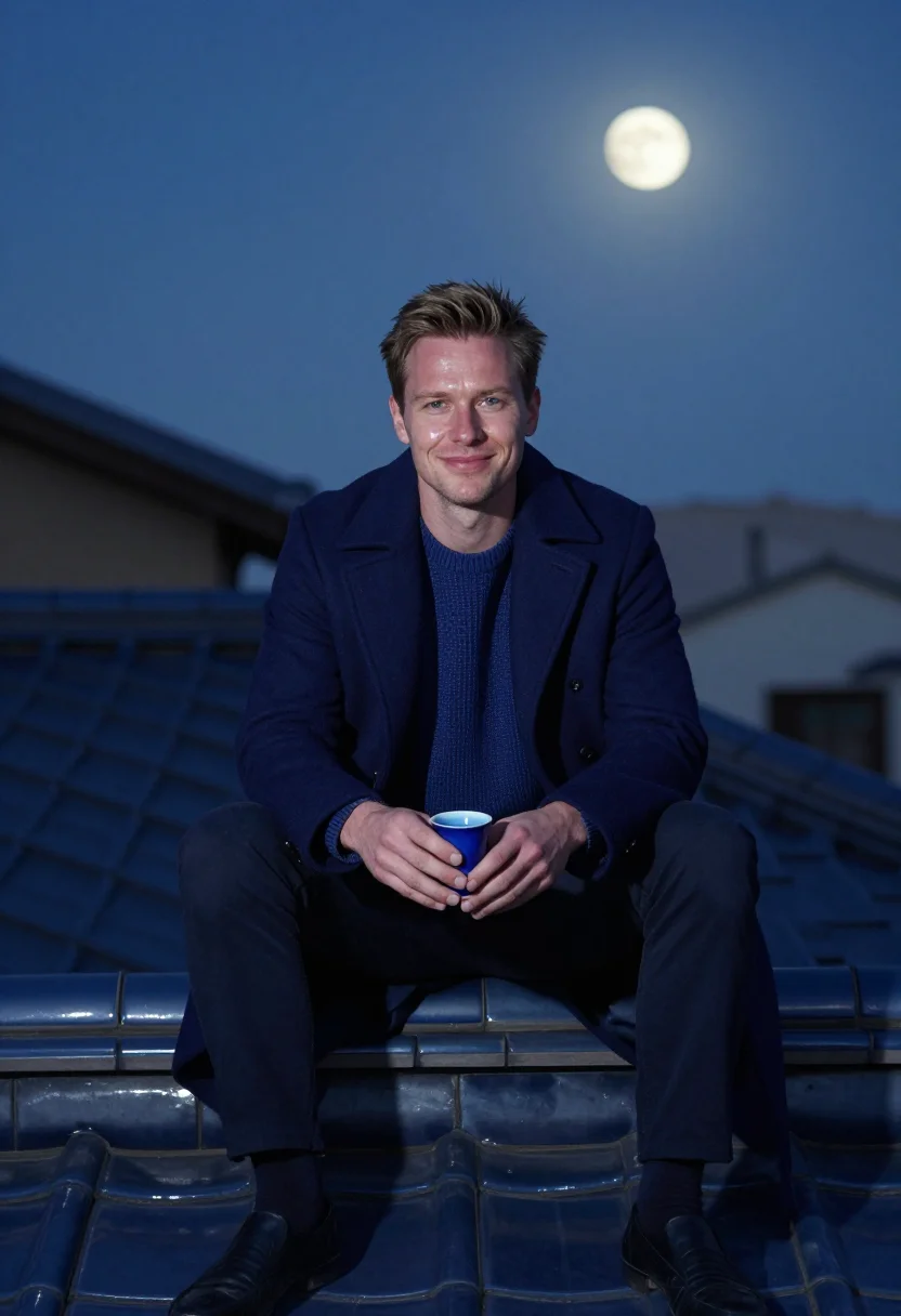 AI harvest moon rooftop indigo sample — portrait of a man, three-quarter-length portrait of a Wester