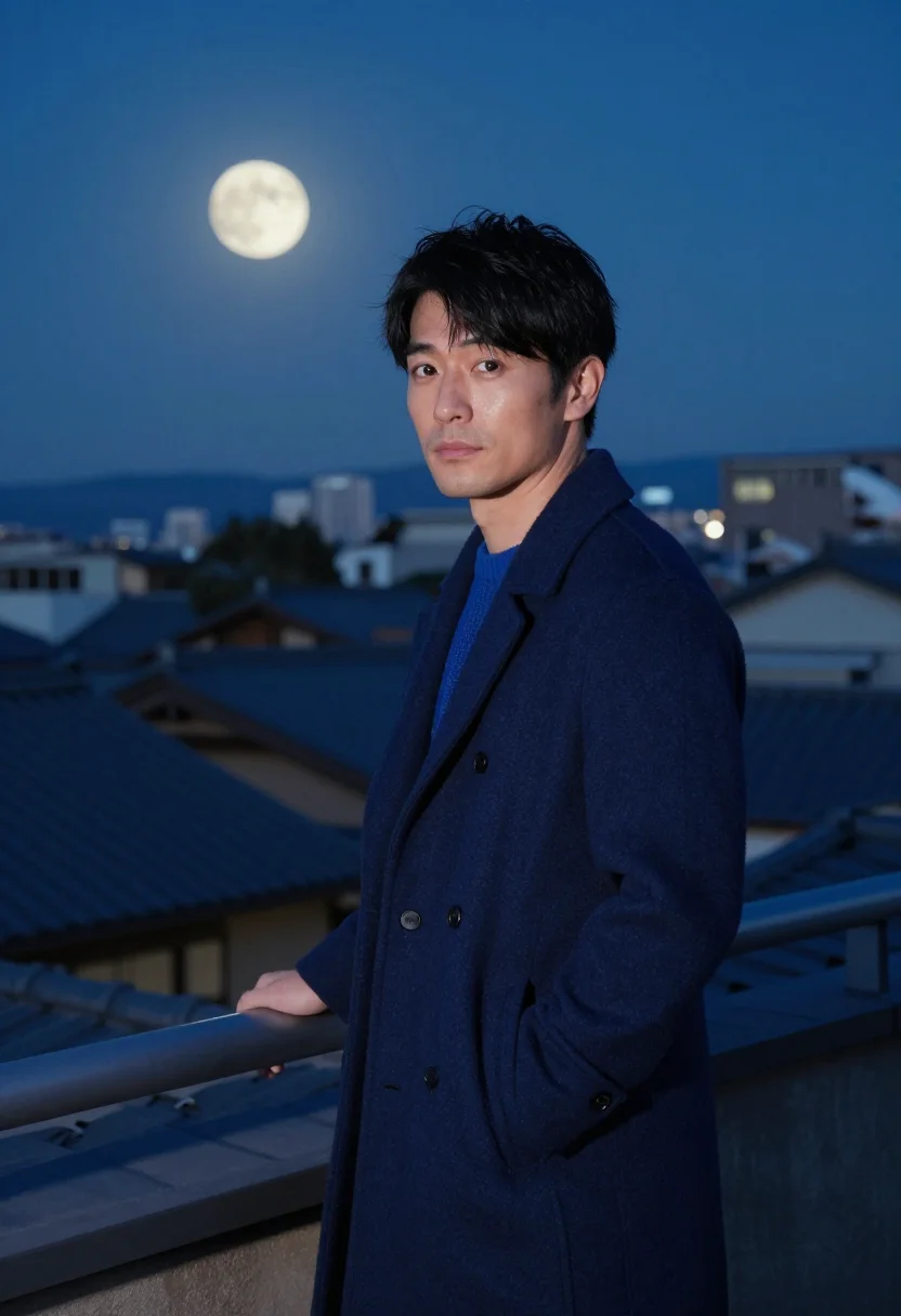 AI harvest moon rooftop indigo sample — portrait of a man, half-length portrait of a Japanese man in