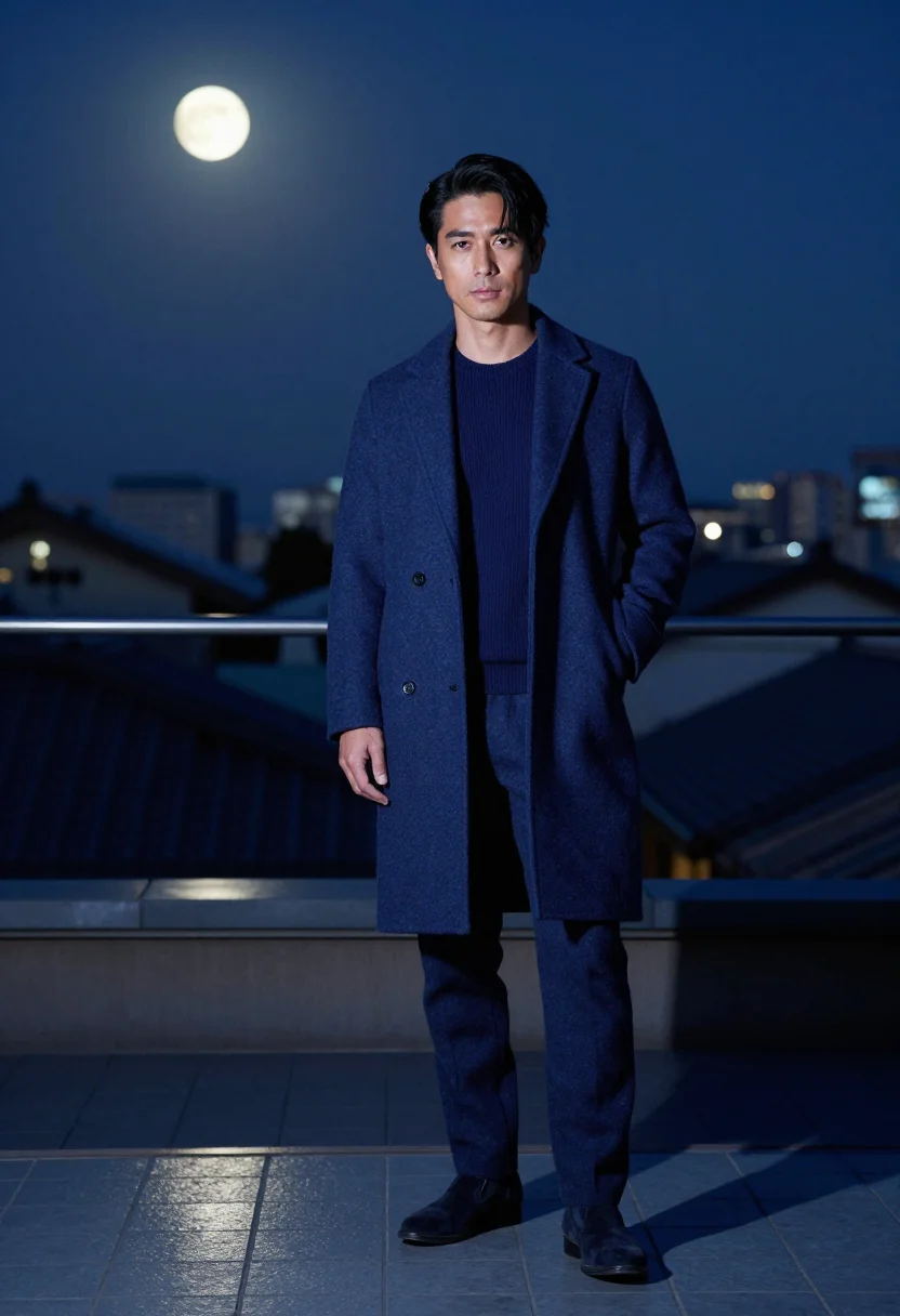 AI harvest moon rooftop indigo sample — portrait of a man, full-length portrait of a Japanese man in
