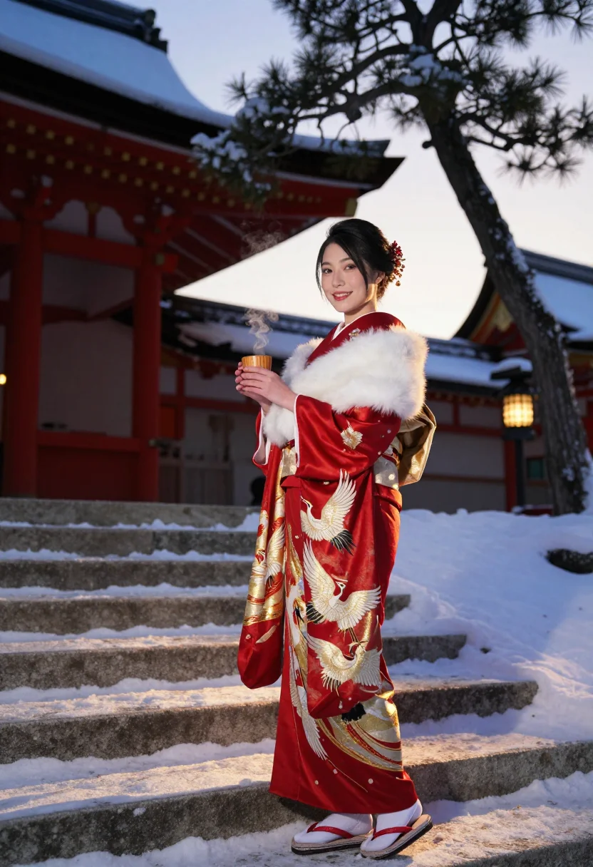 AI hatsumode furisode sample — portrait of a woman, wide full-length three-quarter portrait