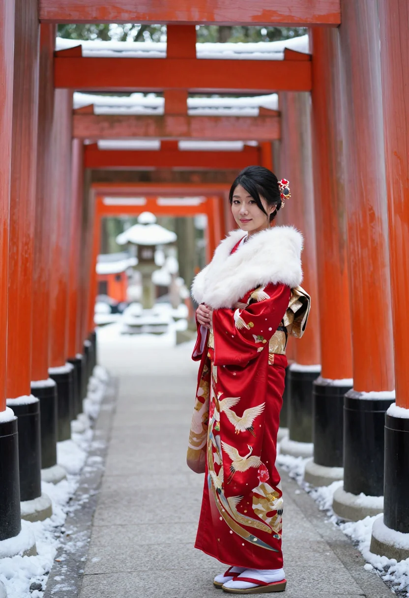 AI hatsumode furisode sample — portrait of a woman, full-length three-quarter portrait of a
