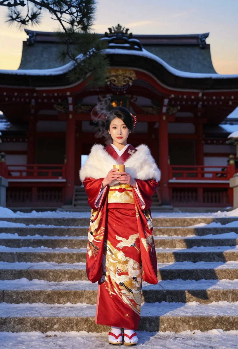 AI hatsumode furisode sample — portrait of a woman, wide full-length frontal portrait of a