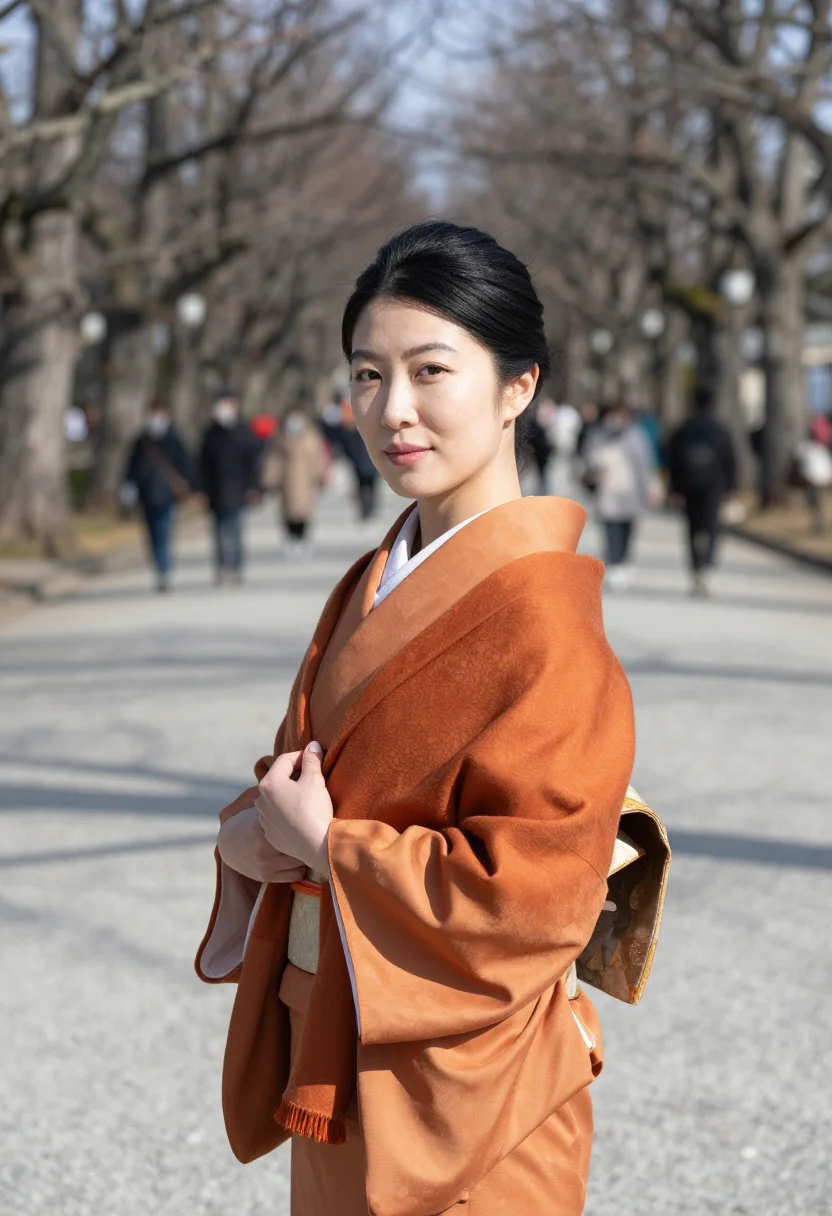 AI hatsumode meiji jingu kimono sample — portrait of a woman, framed chest-up, the body close to the