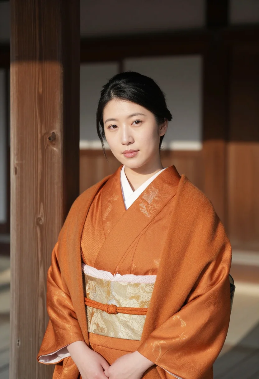 AI hatsumode meiji jingu kimono sample — portrait of a woman, framed chest-up, the body close to the