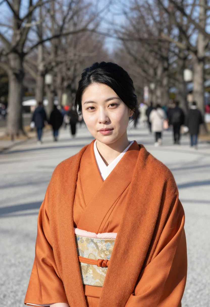 AI hatsumode meiji jingu kimono sample — portrait of a woman, framed tight, head and shoulders, the b