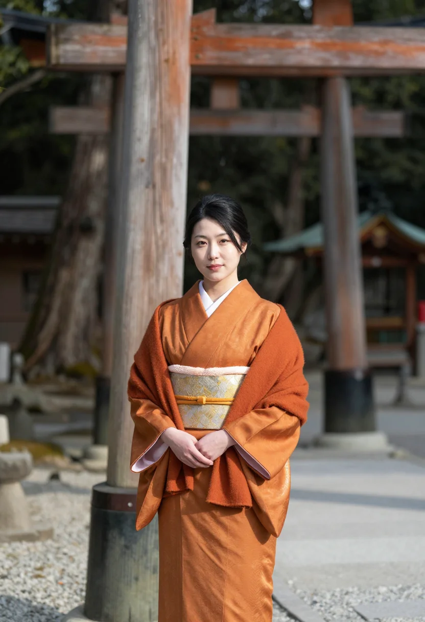 AI hatsumode meiji jingu kimono sample — portrait of a woman, framed full-length, the figure standing