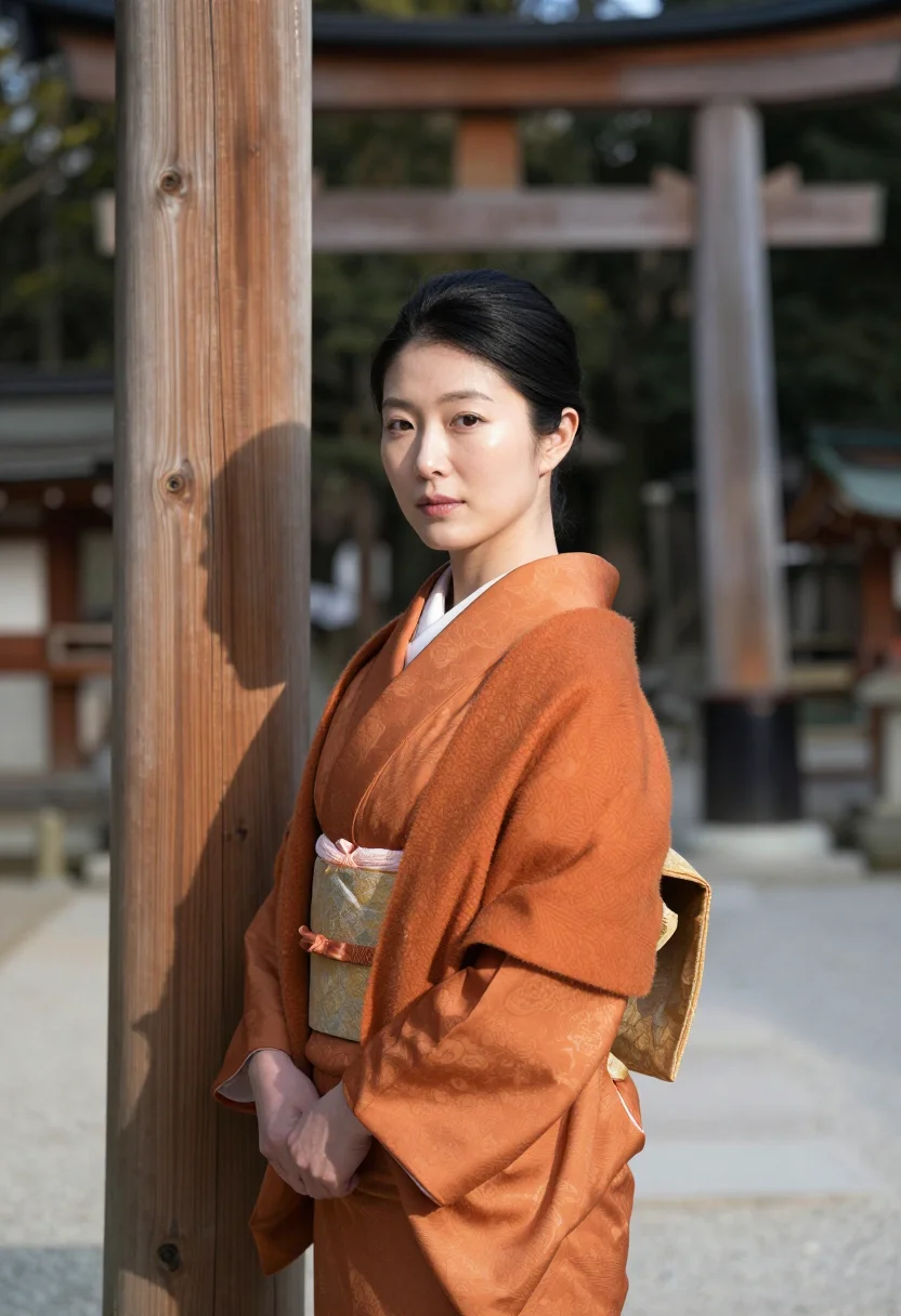 AI hatsumode meiji jingu kimono sample — portrait of a woman, framed chest-up, the body close to the