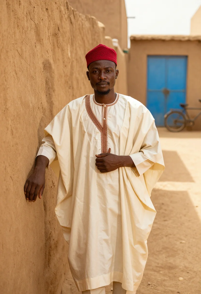 AI hausa babban riga sample — portrait of a man, waist-up portrait of a Hausa man in his f