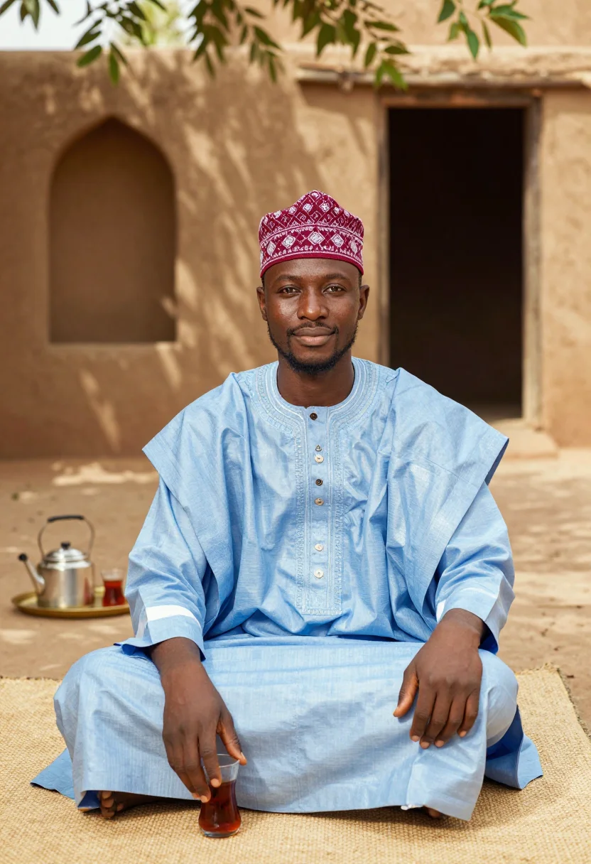 AI hausa babban riga sample — portrait of a man, chest-up seated portrait of a Hausa man i