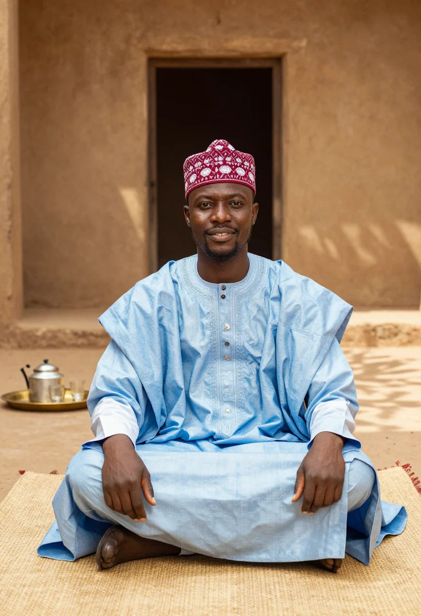 AI hausa babban riga sample — portrait of a man, three-quarter-length seated portrait of a