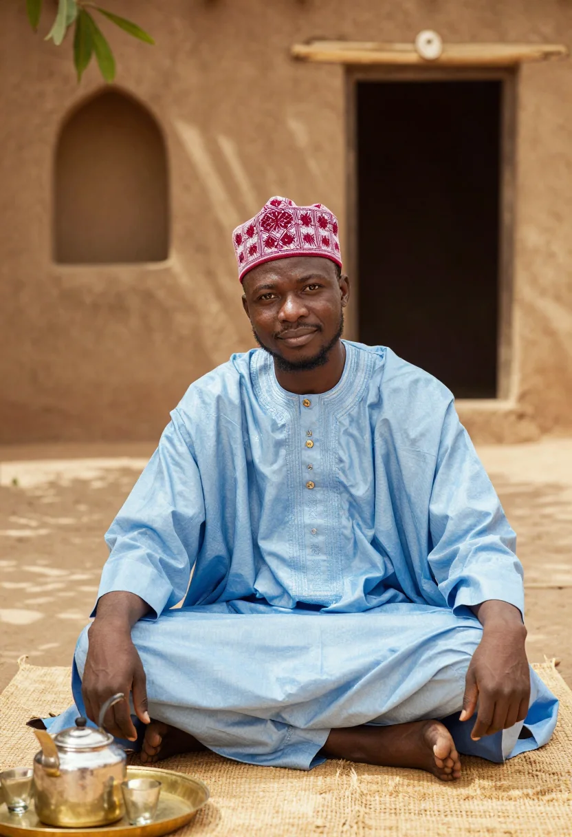 AI hausa babban riga sample — portrait of a man, waist-up seated portrait of a Hausa man i