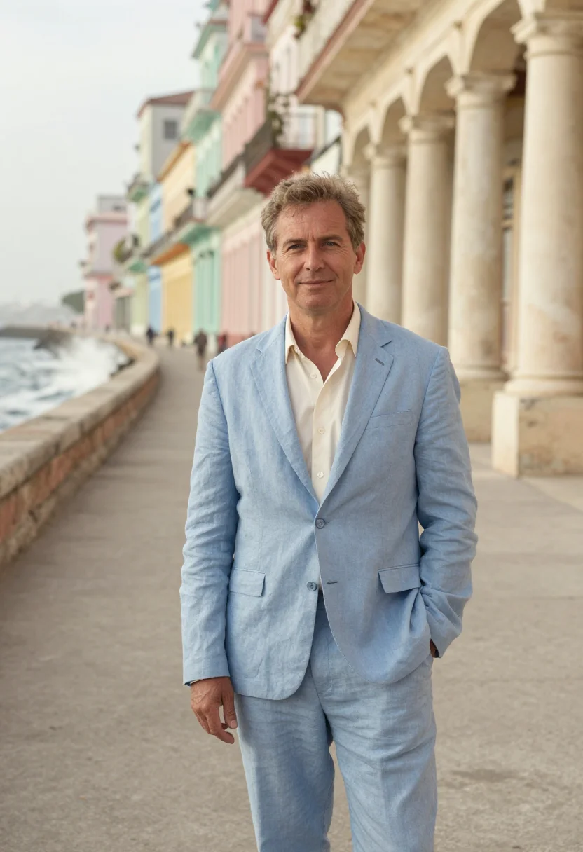 AI havana malecon architect sea wall pastel palette sample — portrait of a man, an English architect in his early fifties
