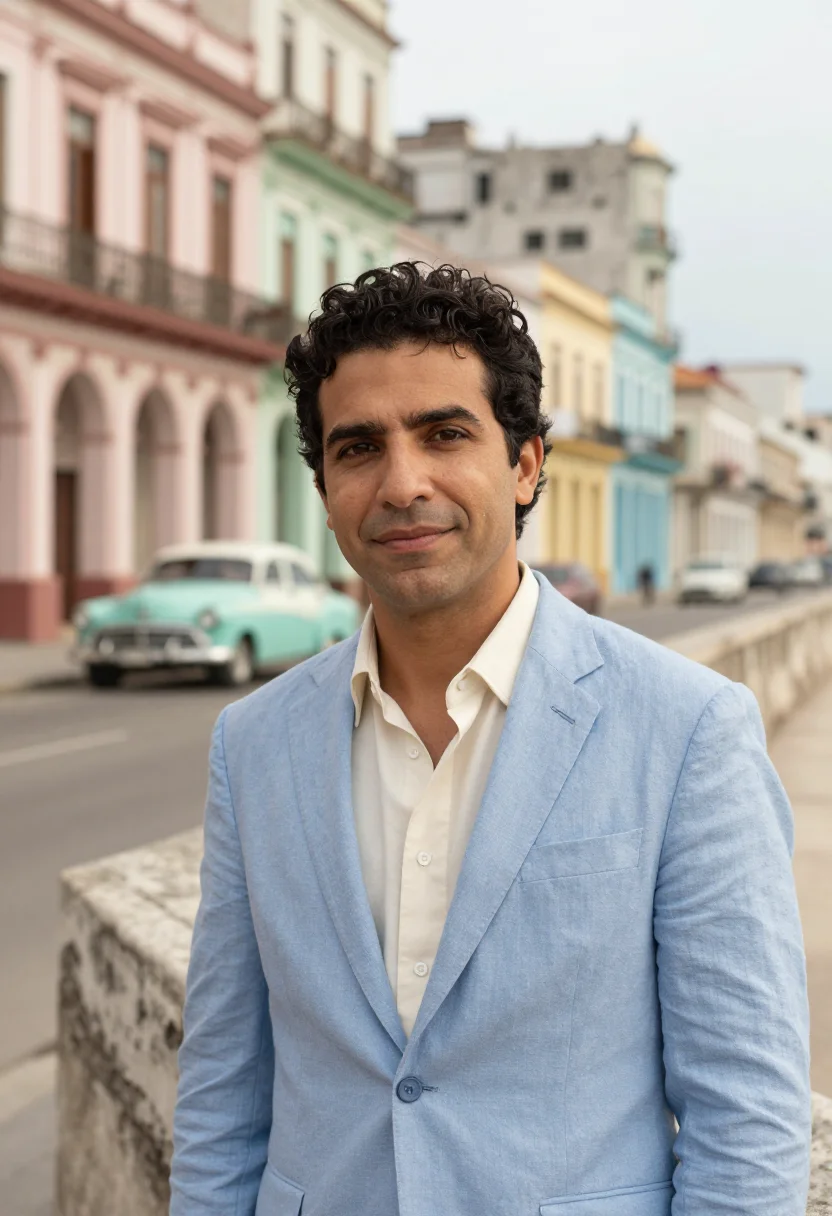 AI havana malecon architect sea wall pastel palette sample — portrait of a man, a Cuban architect in his mid-thirties wit