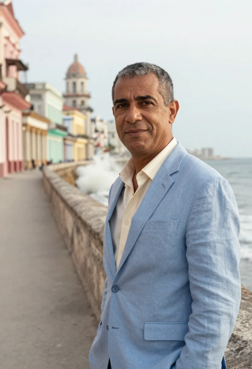 AI havana malecon architect sea wall pastel palette sample — portrait of a man, a Cuban architect in his late forties wit