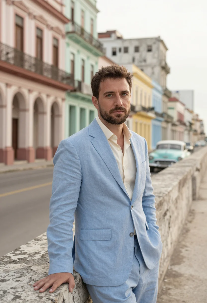 AI havana malecon architect sea wall pastel palette sample — portrait of a man, a French architect in his mid-forties wit
