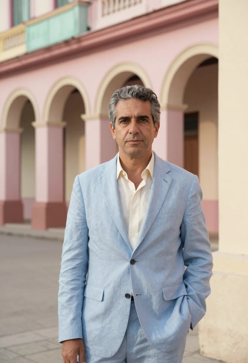 AI havana malecon architect sea wall pastel palette sample — portrait of a man, a Spanish architect in his mid-fifties wi