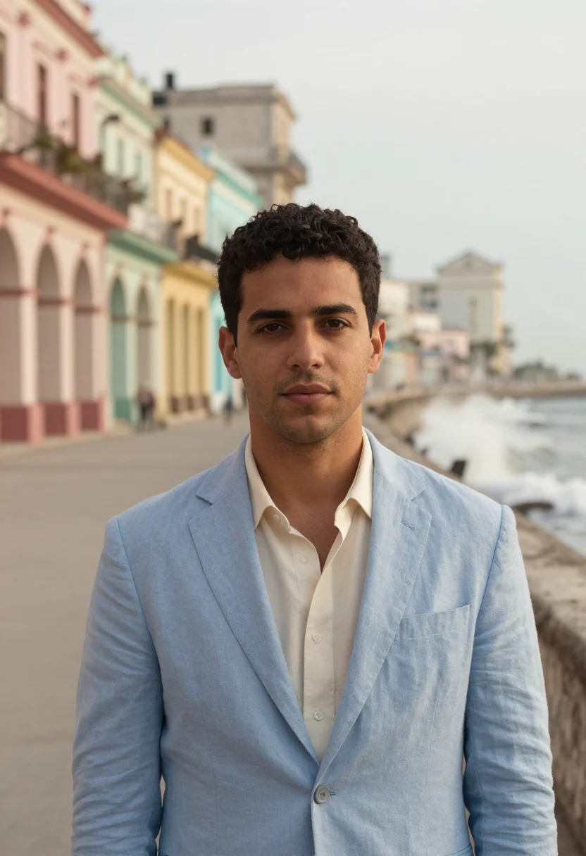 AI havana malecon architect sea wall pastel palette sample — portrait of a man, an Italian architect in his early thirtie