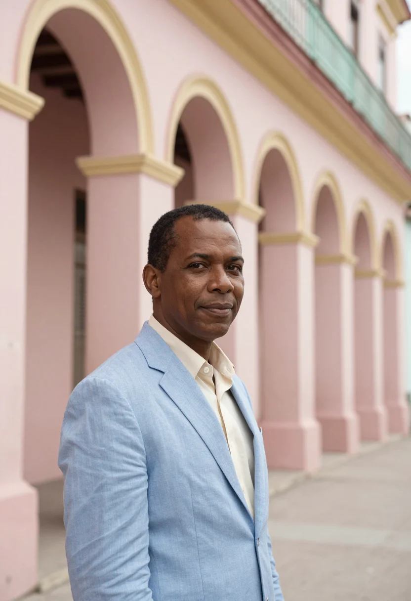 AI havana malecon architect sea wall pastel palette sample — portrait of a man, an Afro-Cuban architect in his late thirt