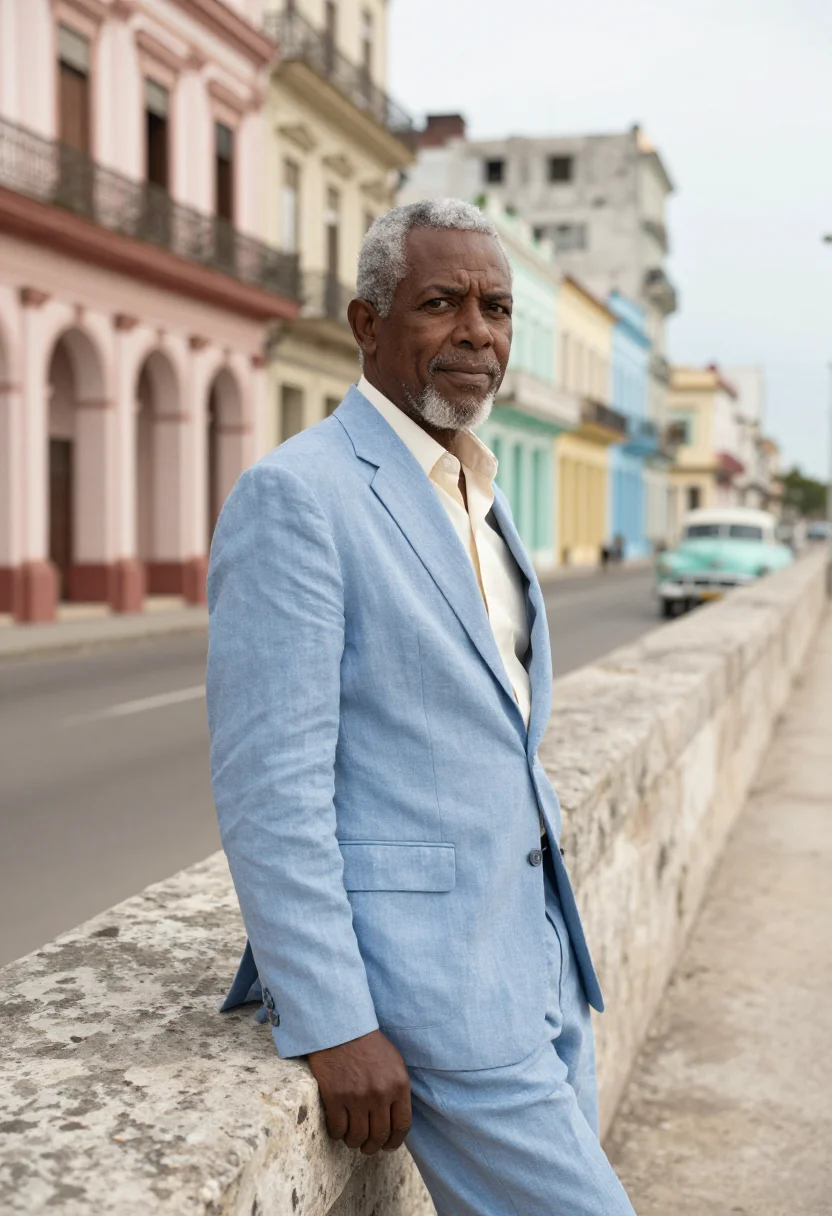 AI havana malecon architect sea wall pastel palette sample — portrait of a man, an Afro-Cuban architect in his early sixt