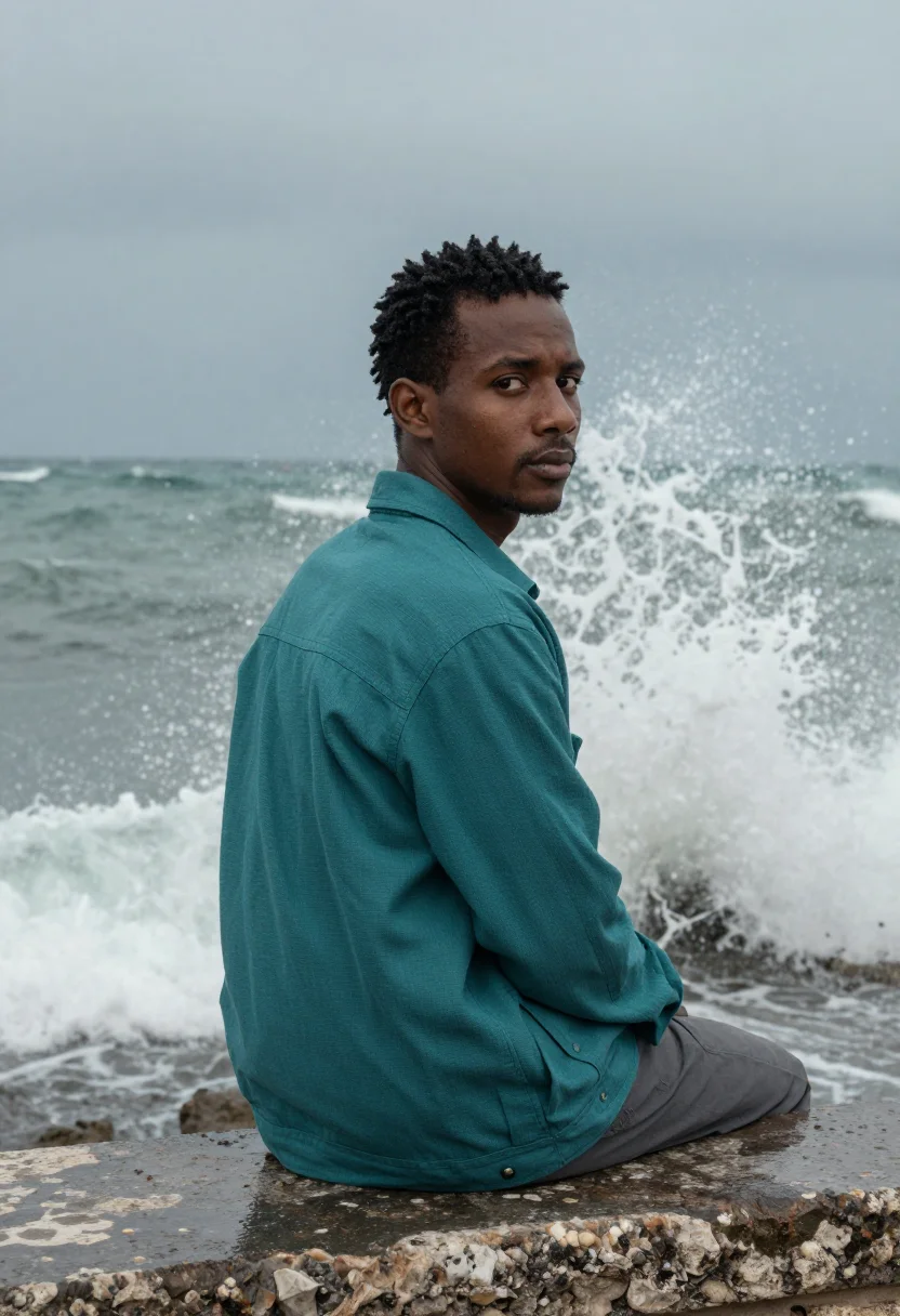 AI havana malecon norte january teal sample — portrait of a man, framed half-length, an Afro-Cuban man in
