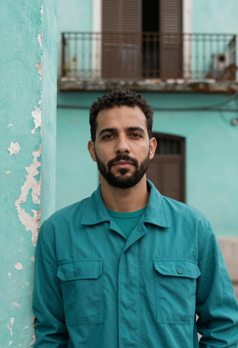 AI havana malecon norte january teal sample — portrait of a man, framed chest-up, a Cuban man in his thirt