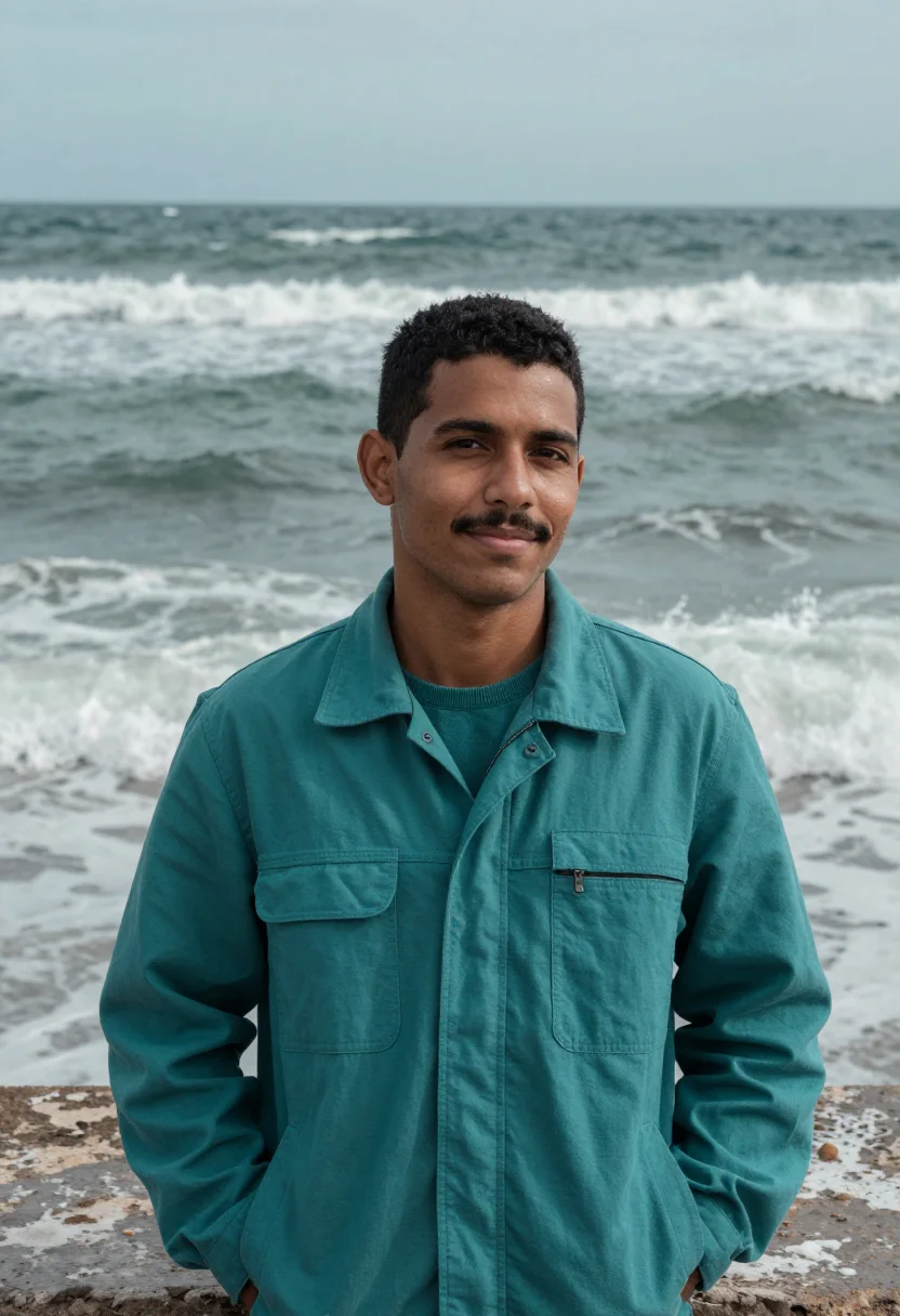 AI havana malecon norte january teal sample — portrait of a man, framed chest-up, a Cuban man in his twent