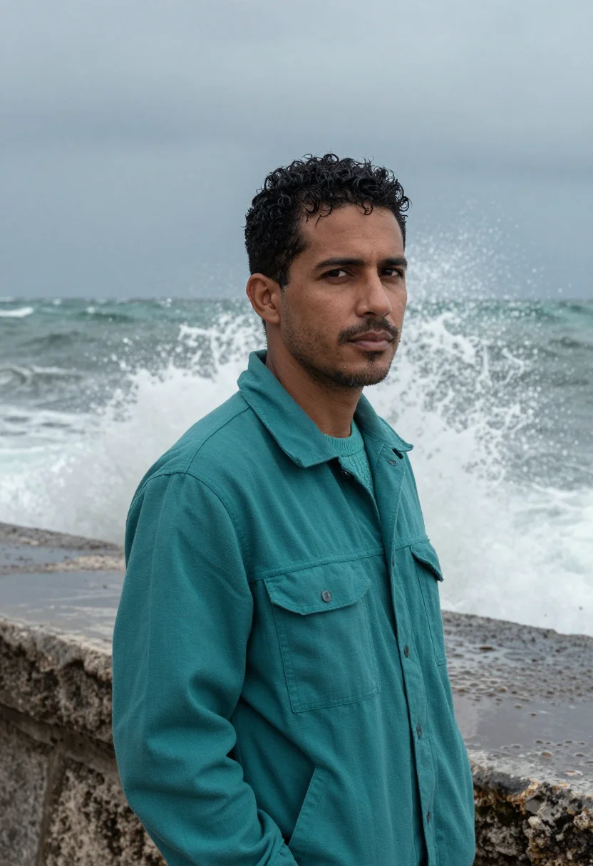 AI havana malecon norte january teal sample — portrait of a man, framed chest-up, a Cuban man in his forti