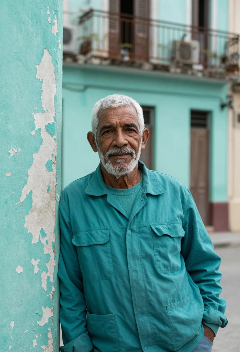 AI havana malecon norte january teal sample — portrait of a man, framed half-length, a Cuban man in his si
