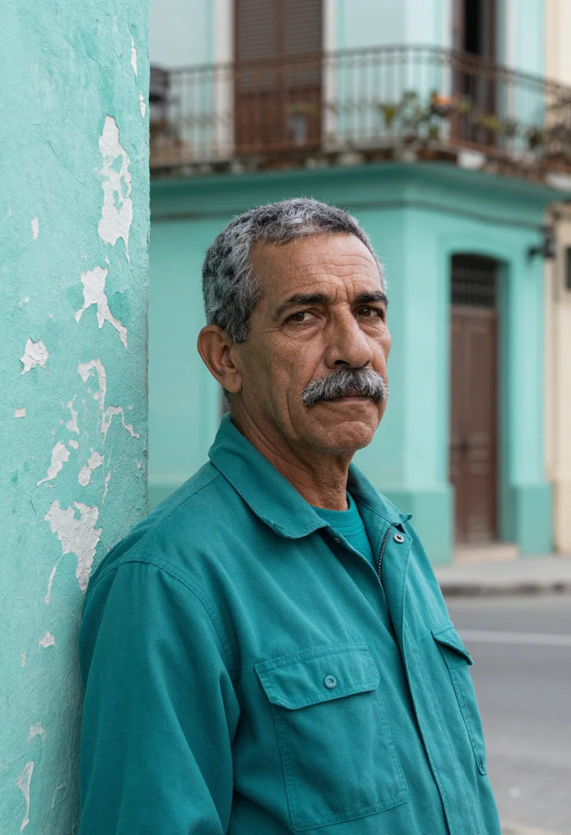 AI havana malecon norte january teal sample — portrait of a man, framed tight, head and shoulders, a Cuban