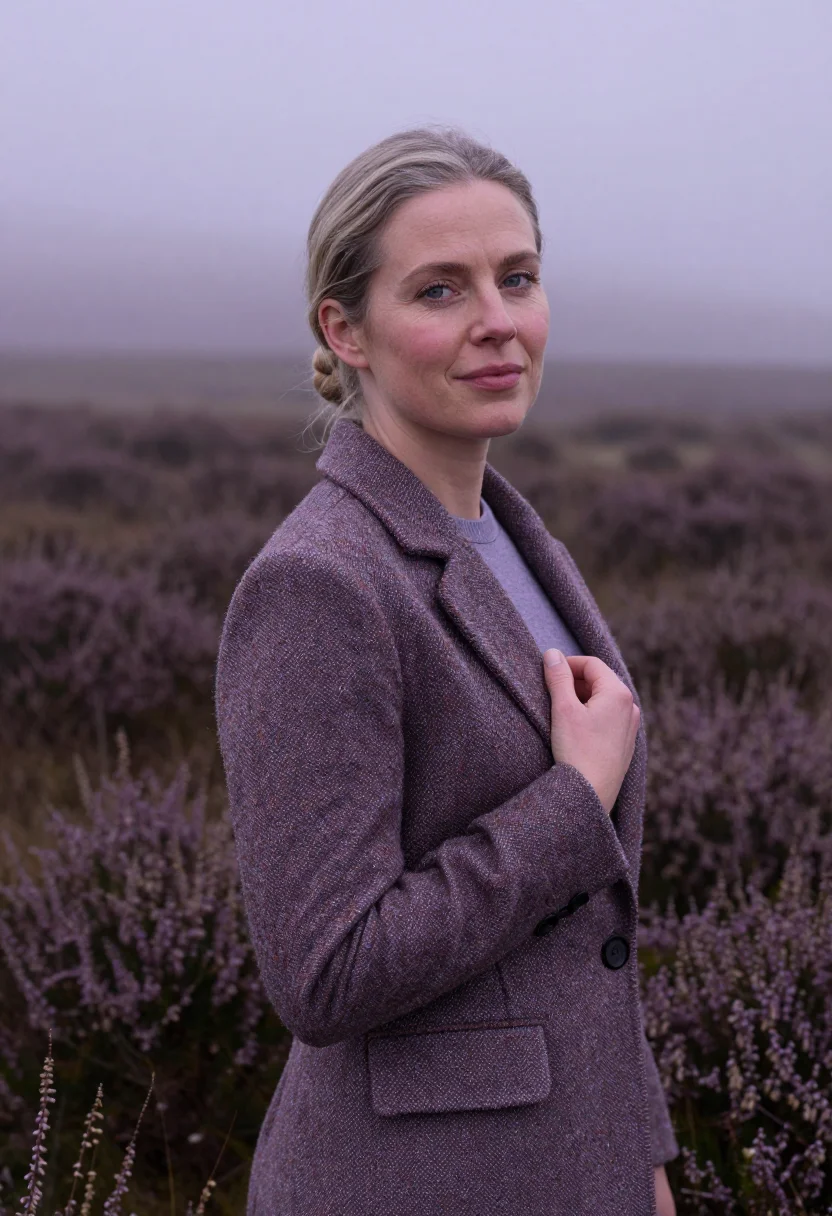 AI heather tweed lapel headshot sample — portrait of a woman, framed chest-up, cropped at the ribs, t