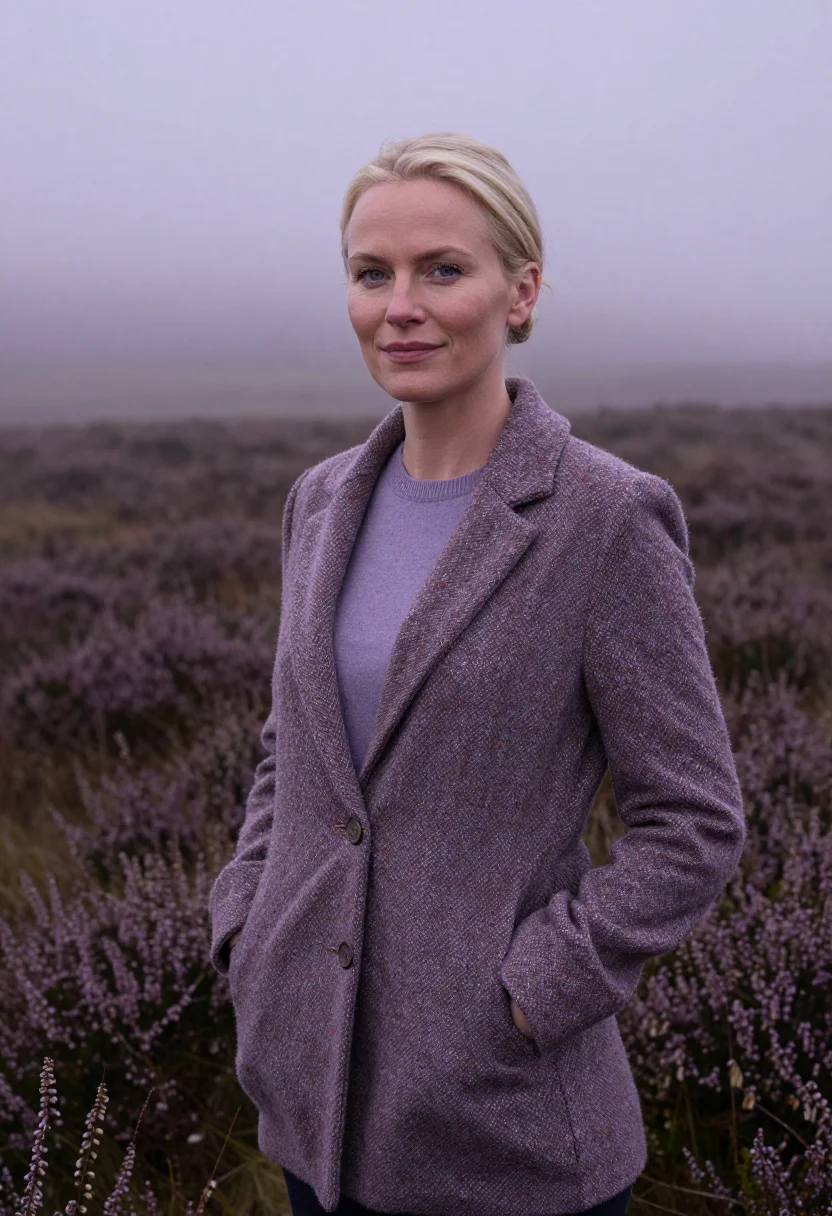 AI heather tweed lapel headshot sample — portrait of a woman, framed waist-up, cropped at the hips, t
