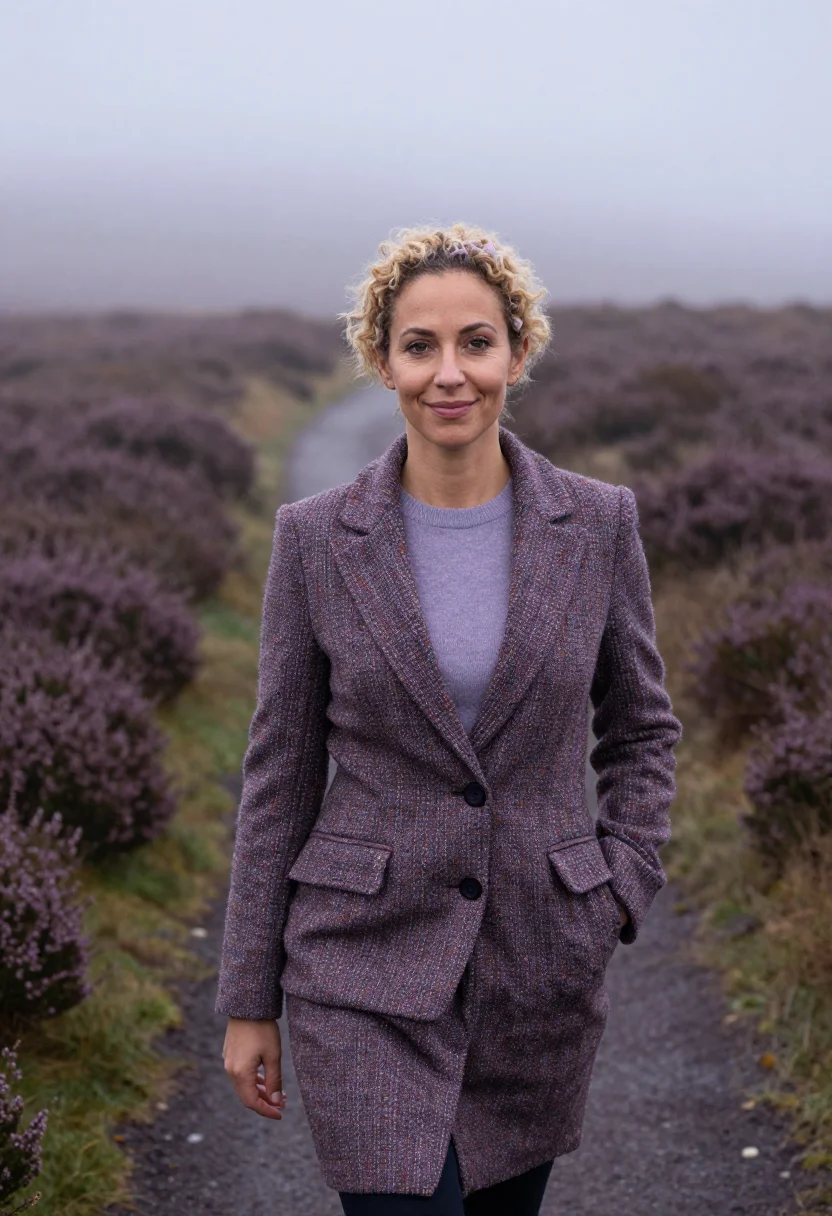 AI heather tweed lapel headshot sample — portrait of a woman, framed half-length from the head to the
