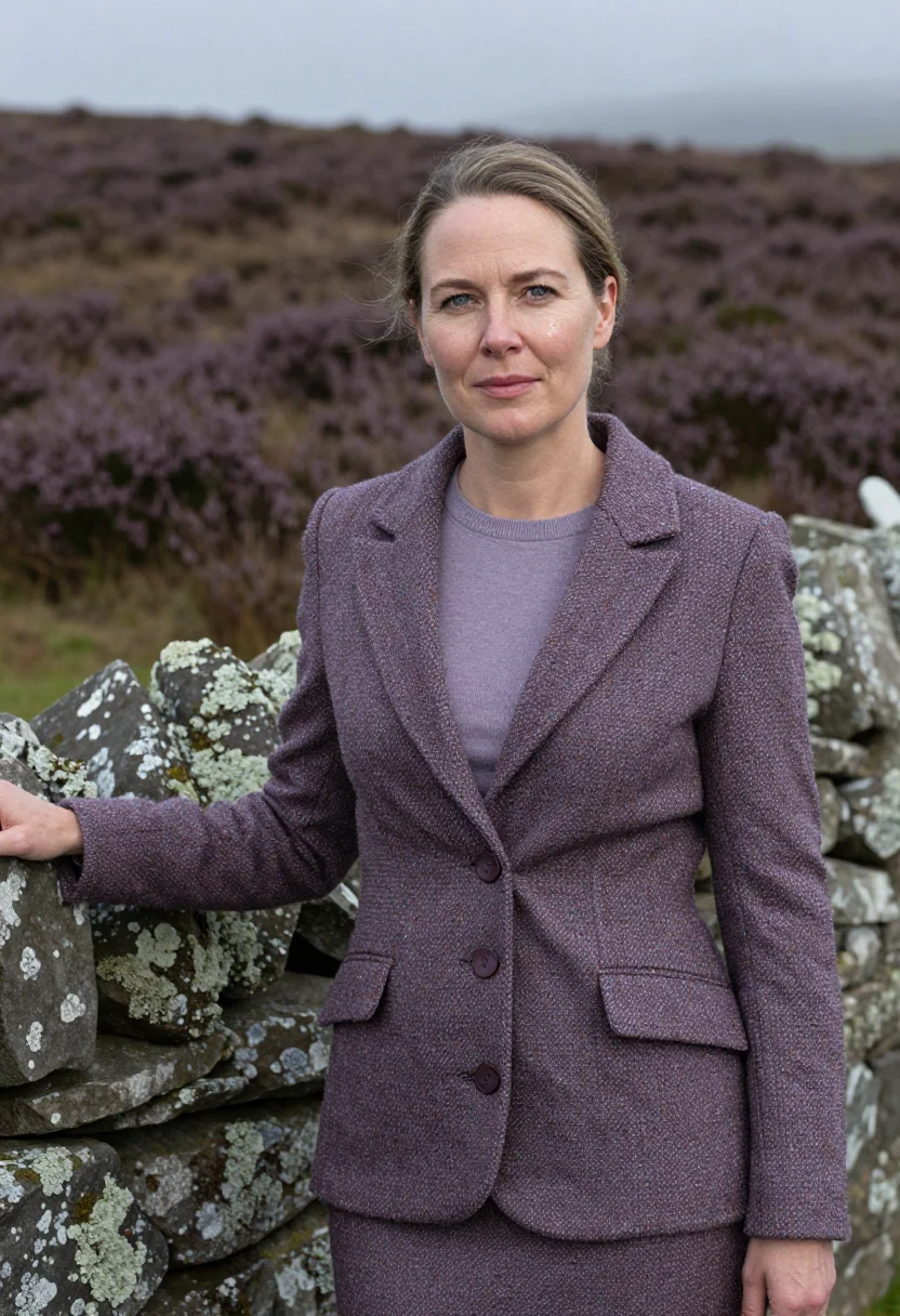 AI heather tweed lapel headshot sample — portrait of a woman, framed waist-up, cropped at the hips, t