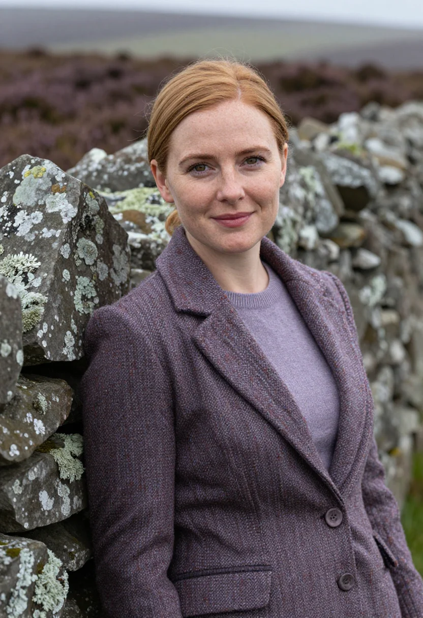 AI heather tweed lapel headshot sample — portrait of a woman, framed chest-up, cropped at the ribs, t