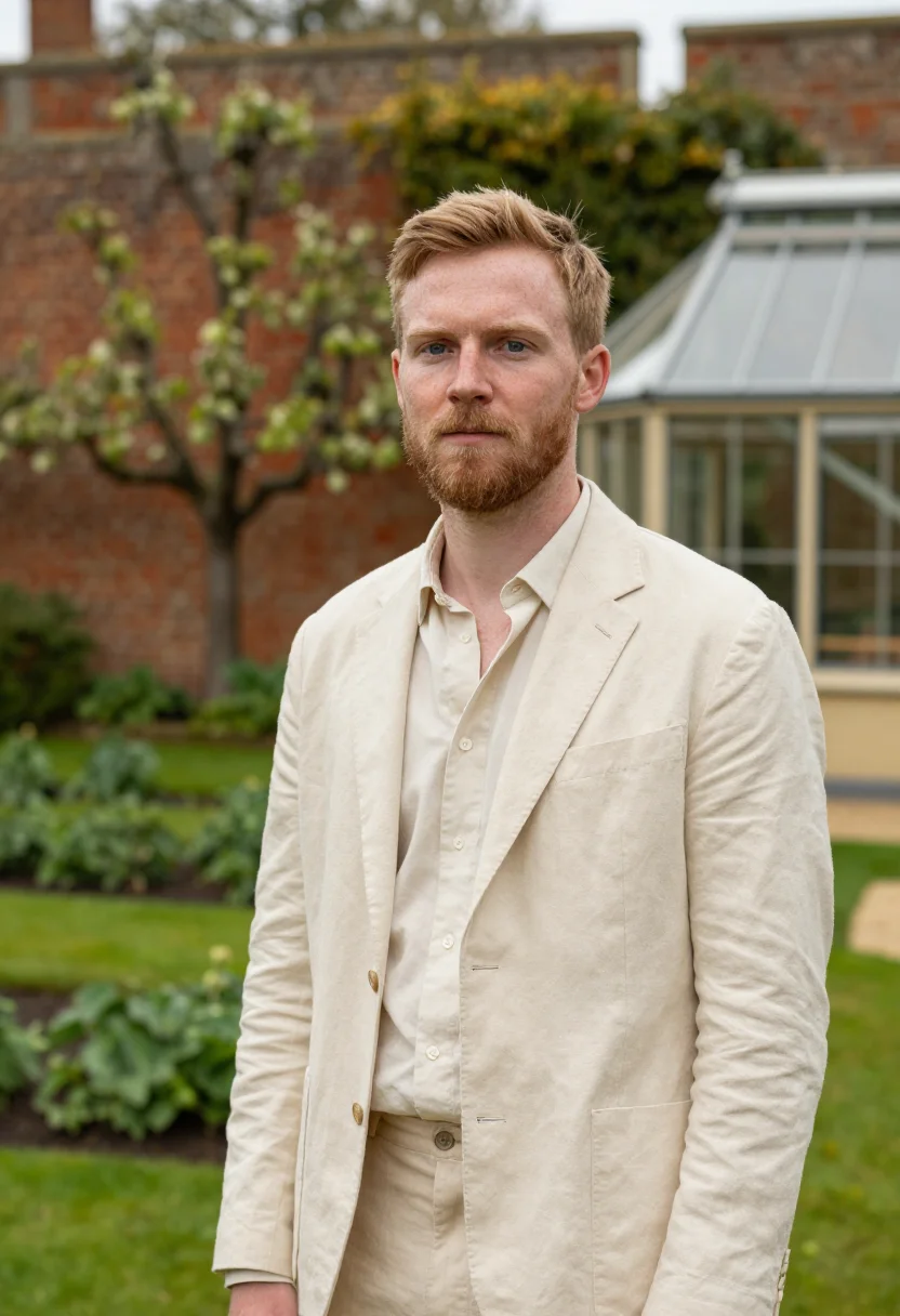 AI heckfield place hampshire walled garden cream sample — portrait of a man, a Scottish guest in his early thirties wi