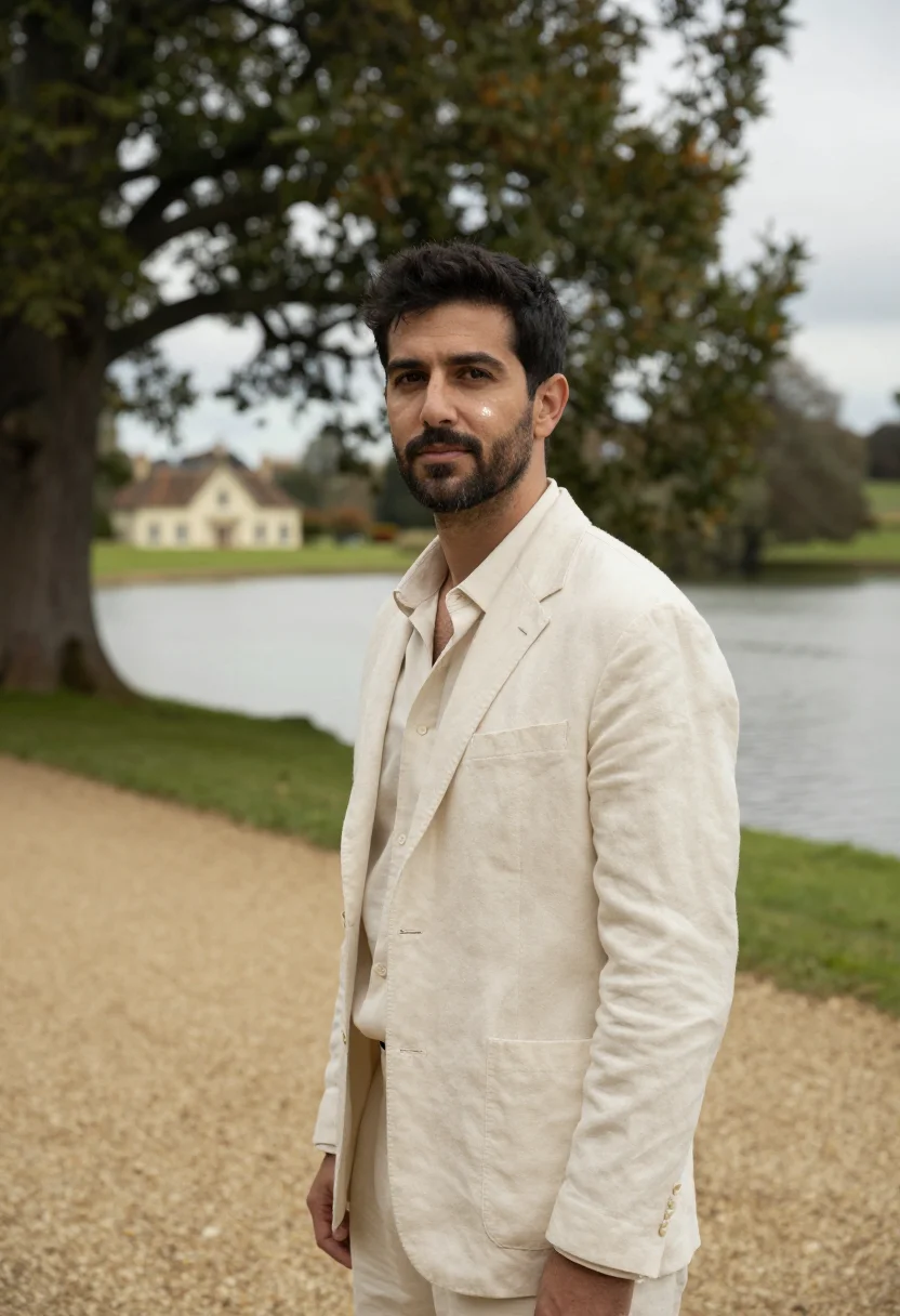 AI heckfield place hampshire walled garden cream sample — portrait of a man, a Spanish guest in his late thirties with