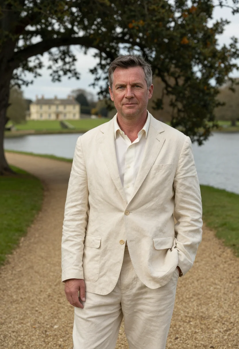AI heckfield place hampshire walled garden cream sample — portrait of a man, an Irish guest in his mid-forties with ru