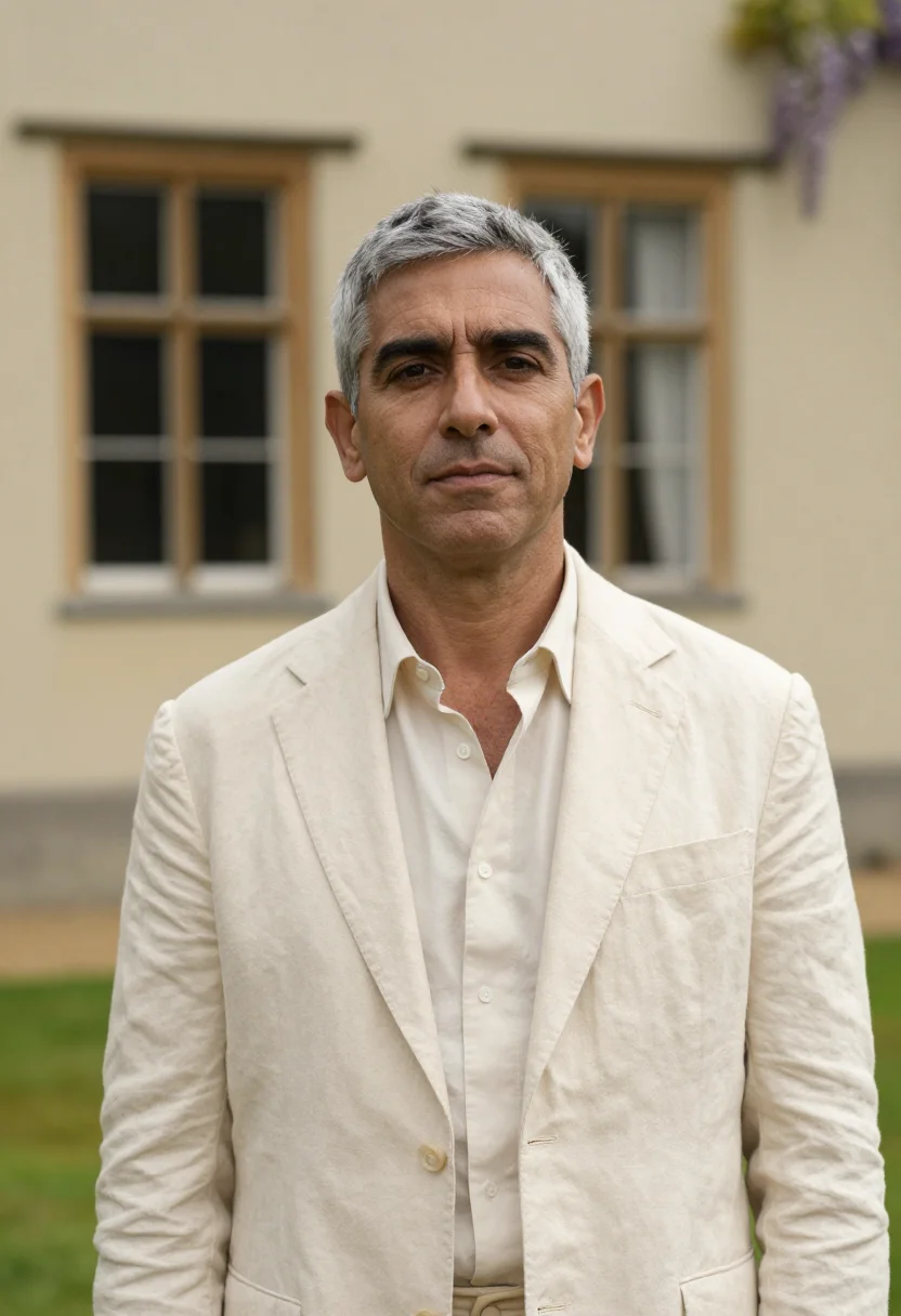 AI heckfield place hampshire walled garden cream sample — portrait of a man, an Italian guest in his late forties with