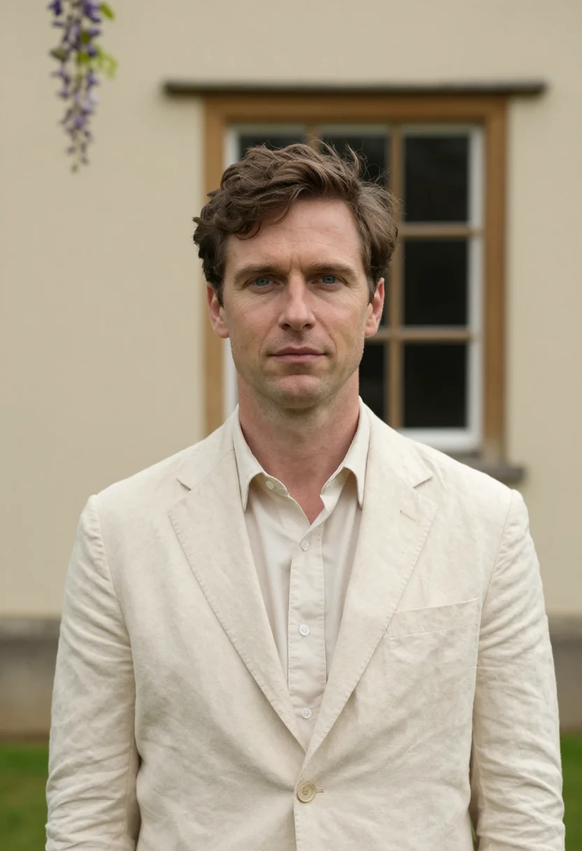 AI heckfield place hampshire walled garden cream sample — portrait of a man, an English guest in his early forties wit
