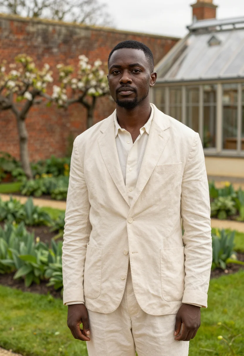AI heckfield place hampshire walled garden cream sample — portrait of a man, a British Nigerian guest in his mid-thirt