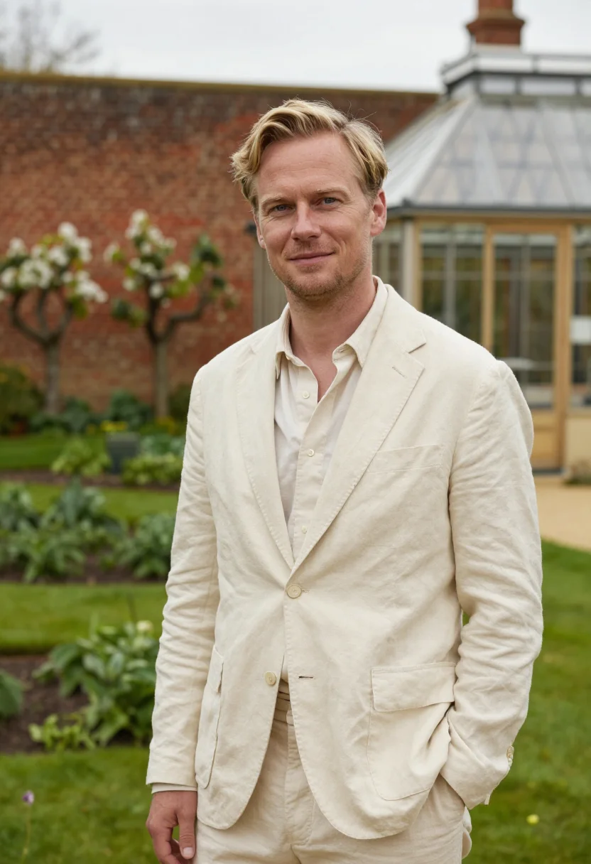 AI heckfield place hampshire walled garden cream sample — portrait of a man, a Swedish guest in his late thirties with