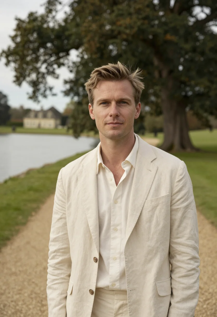 AI heckfield place hampshire walled garden cream sample — portrait of a man, a Belgian guest in his early forties with