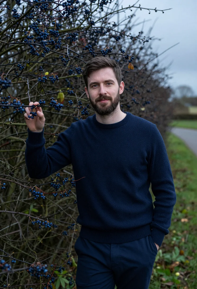 AI hedgerow sloe picking navy sample — portrait of a man, framed half-length from the head to the h
