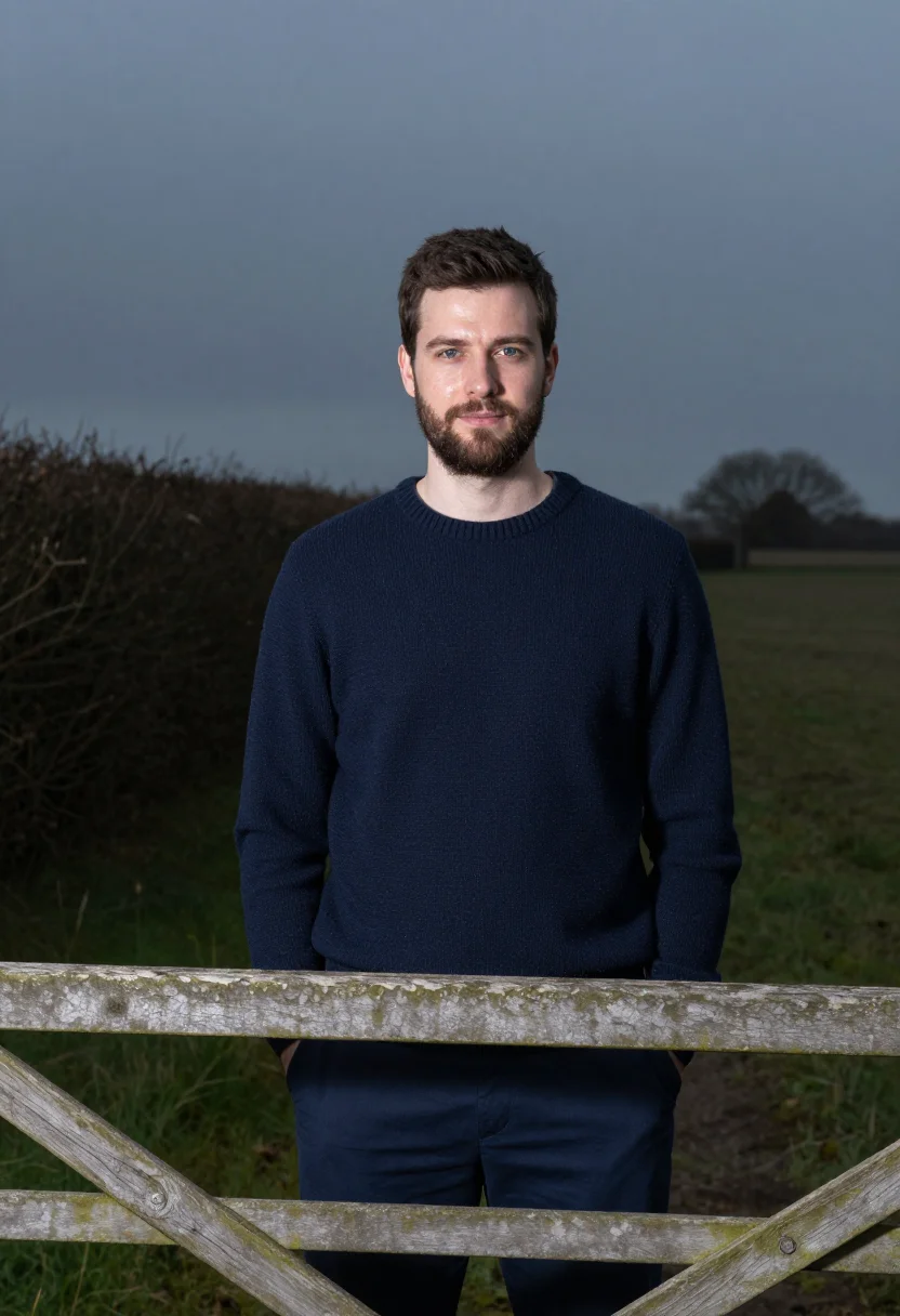 AI hedgerow sloe picking navy sample — portrait of a man, framed tight, head and shoulders, the bod